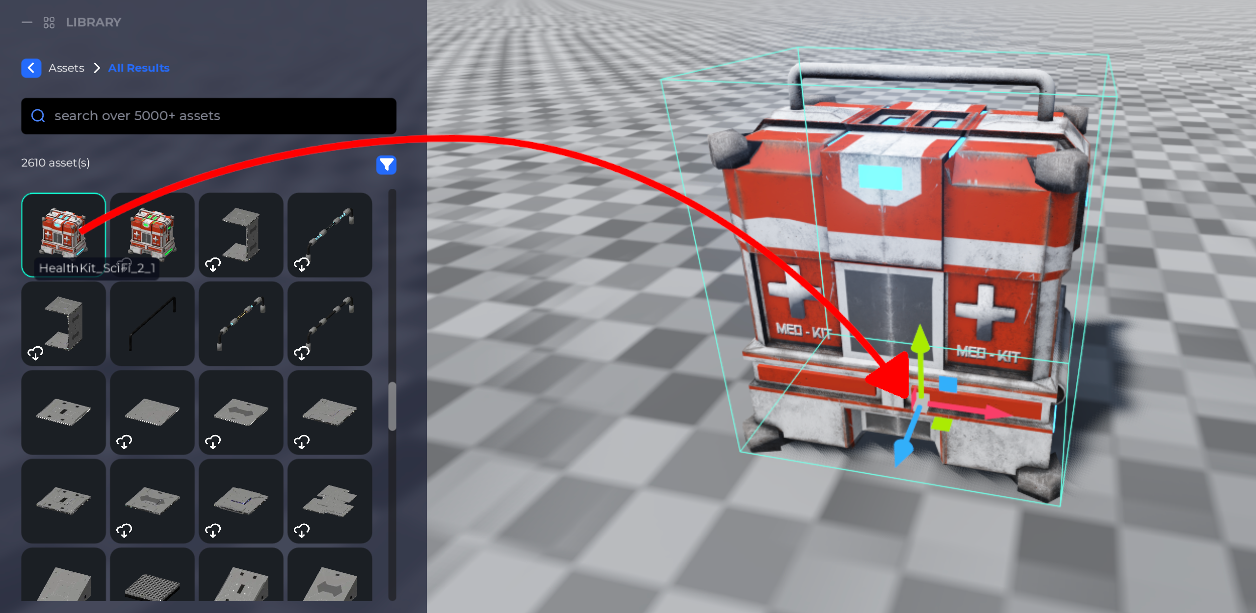 Diagram showing how to drag to create a medkit Object