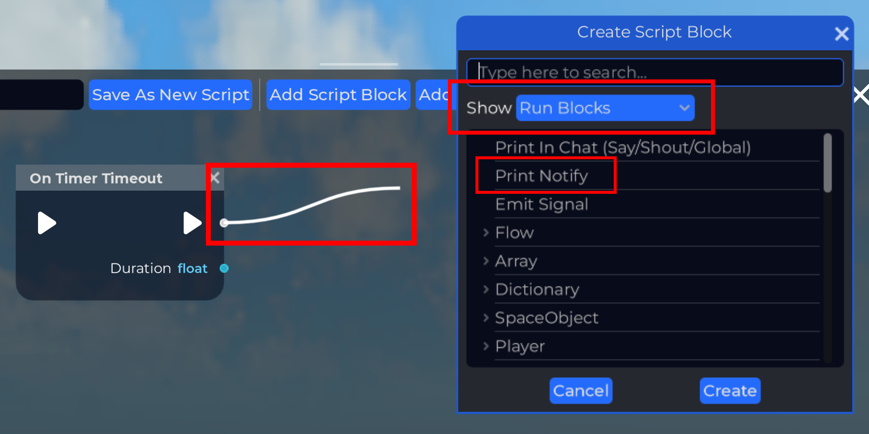 Create Script Block dialog after dragging from a block