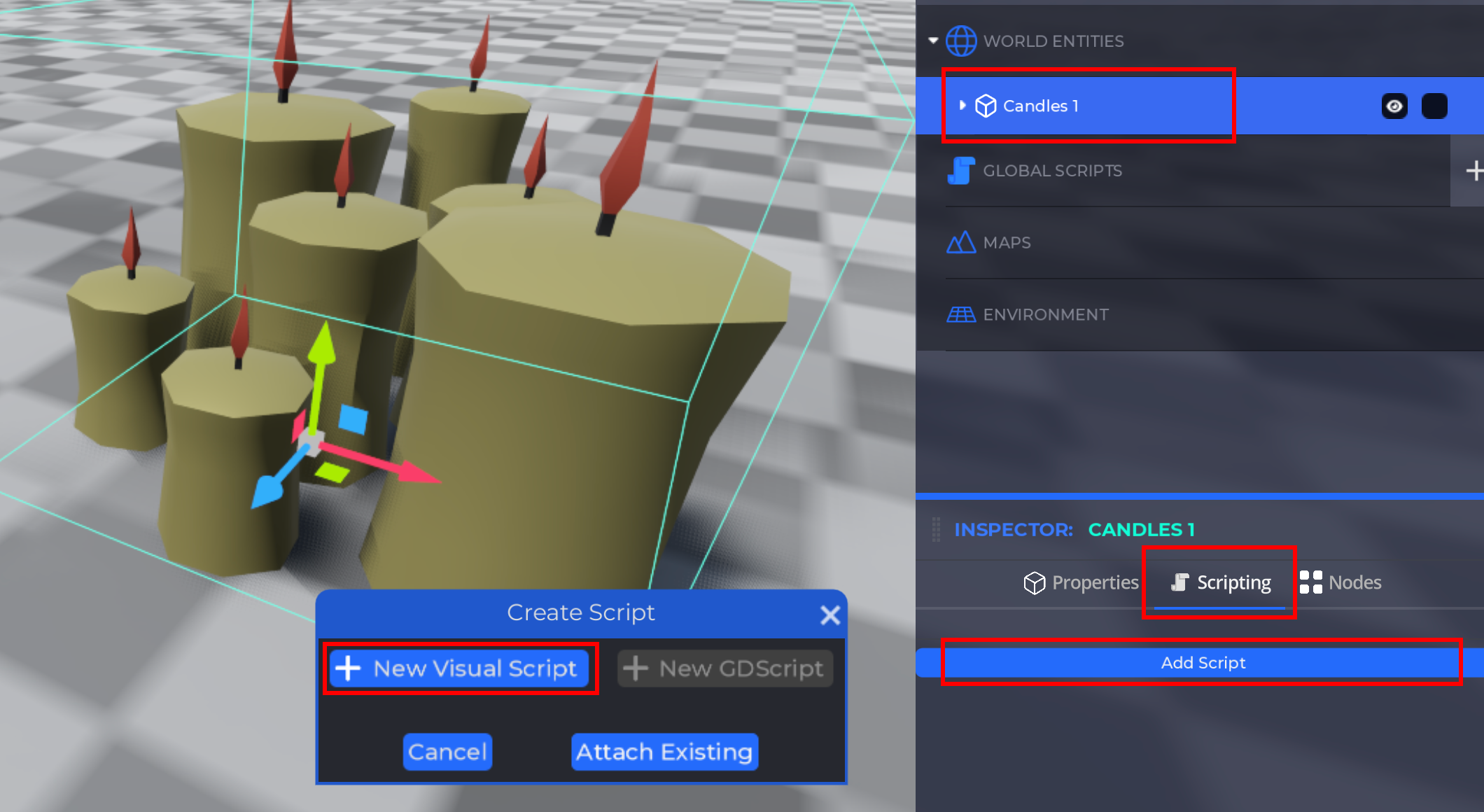 Red boxes showing how to create a new object script