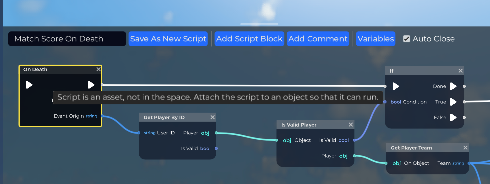 Script editor editing a script asset with a yellow outline around the entry block