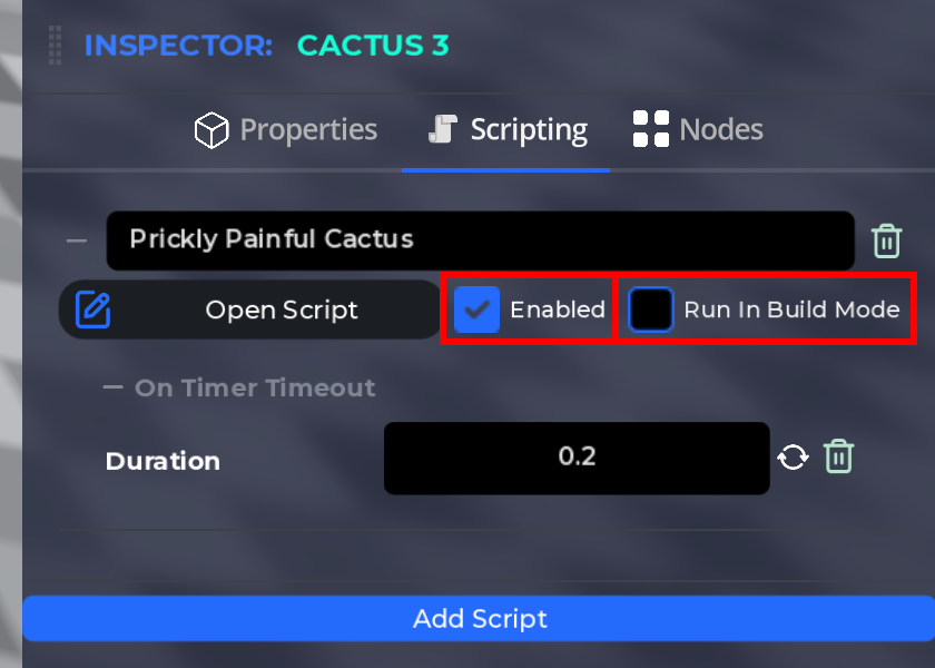 Script inspector showing the Enabled and Run In Build Mode checkboxes